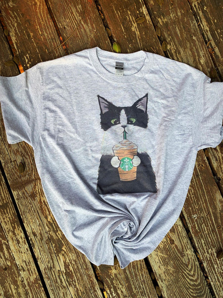 Cat drinking starbucks  shirt